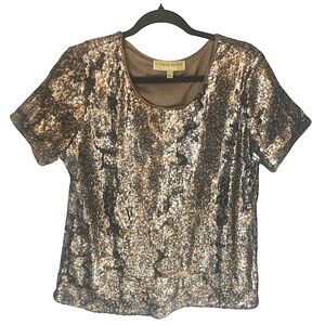 Sigrid Olsen Designer Gold Silver Sequin Scoopneck Shortsleeve Dressy Top Large